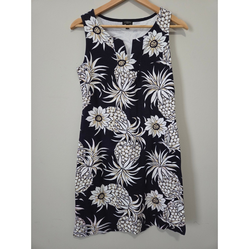 Talbots Petites Navy Blue Pineapple Floral Cotton Sleeveless Sheath Dress SP‎